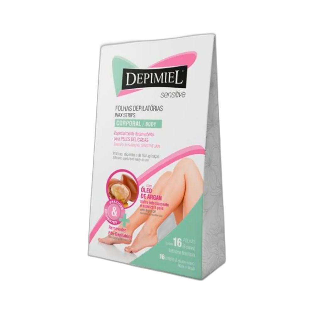 Embalagem lateral Folhas Prontas Depimiel Depilação Corporal Sensitive 16 Unidades